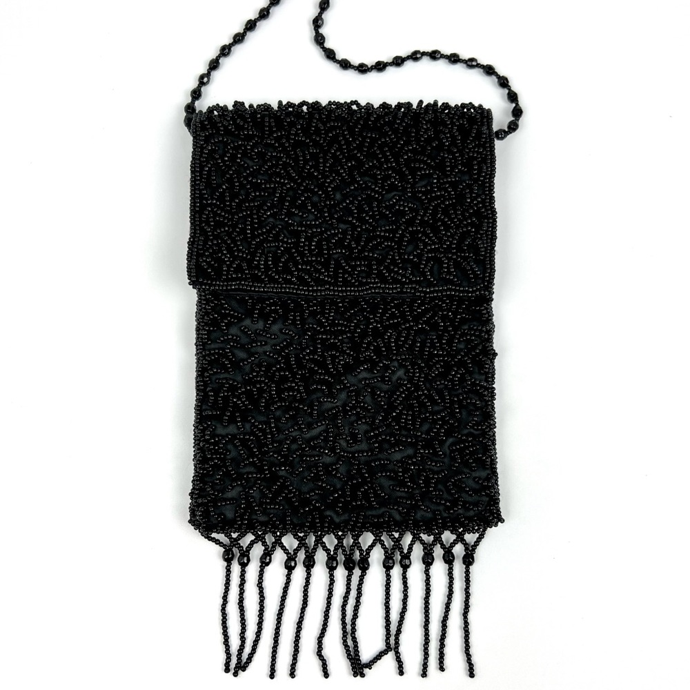 1990s Vintage Black Beaded Bag w/ Strap & Tassels